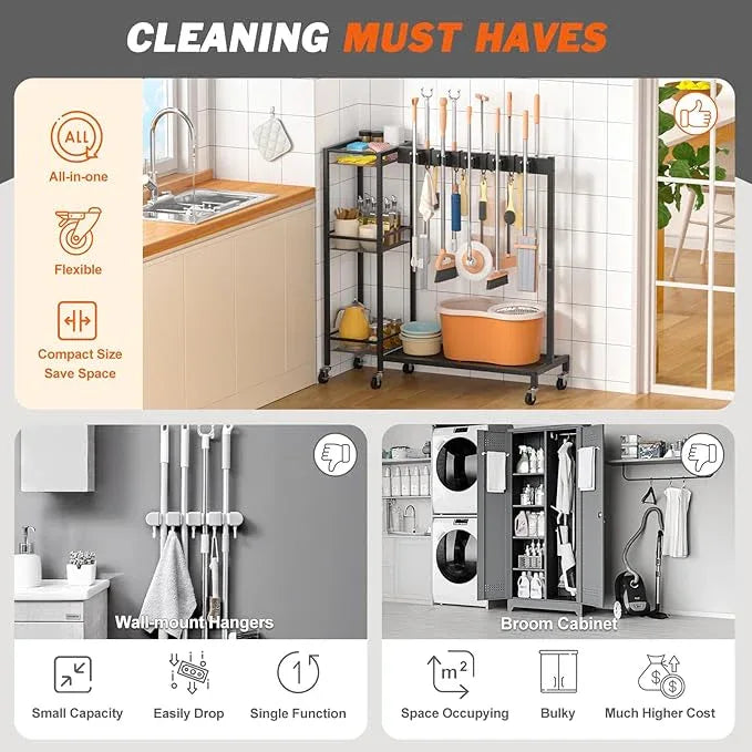 Broom Holder with Cleaning Supplies Organizer, Broom Closet Storage Cabinet with Cleaning Caddy, Cleaning Cart with Mop Hanger Gripper Rack Hooks,Janitorial Housekeeping cart,Laundry Room Organization - NeatNest