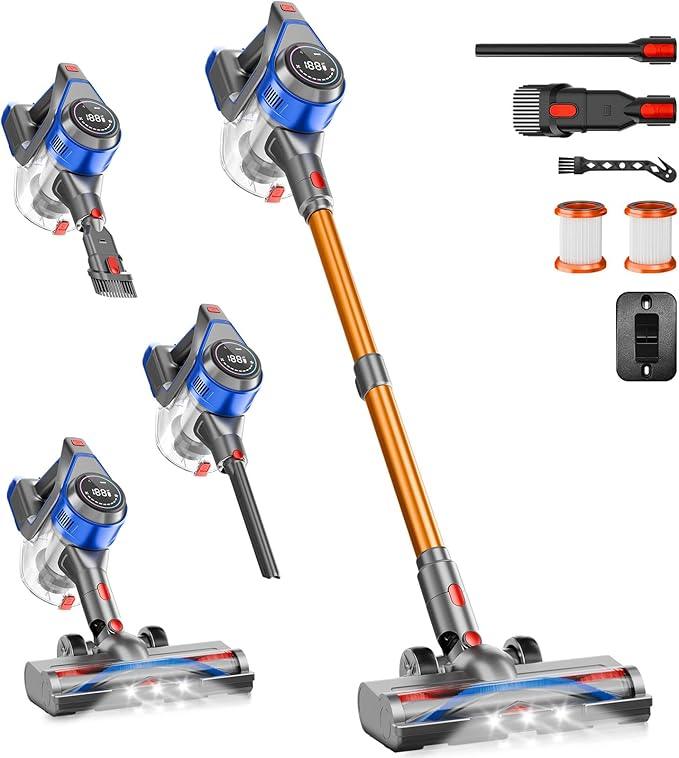 Cordless Stick Vacuum Cleaner - Rechargeable, Powerful Vacuums with Detachable Battery Display, Max 45Mins Runtime, 8 in 1 Handheld Vacuum for Hardfloor & Carpets Pet Hair, 45Kpa Yellow - NeatNest