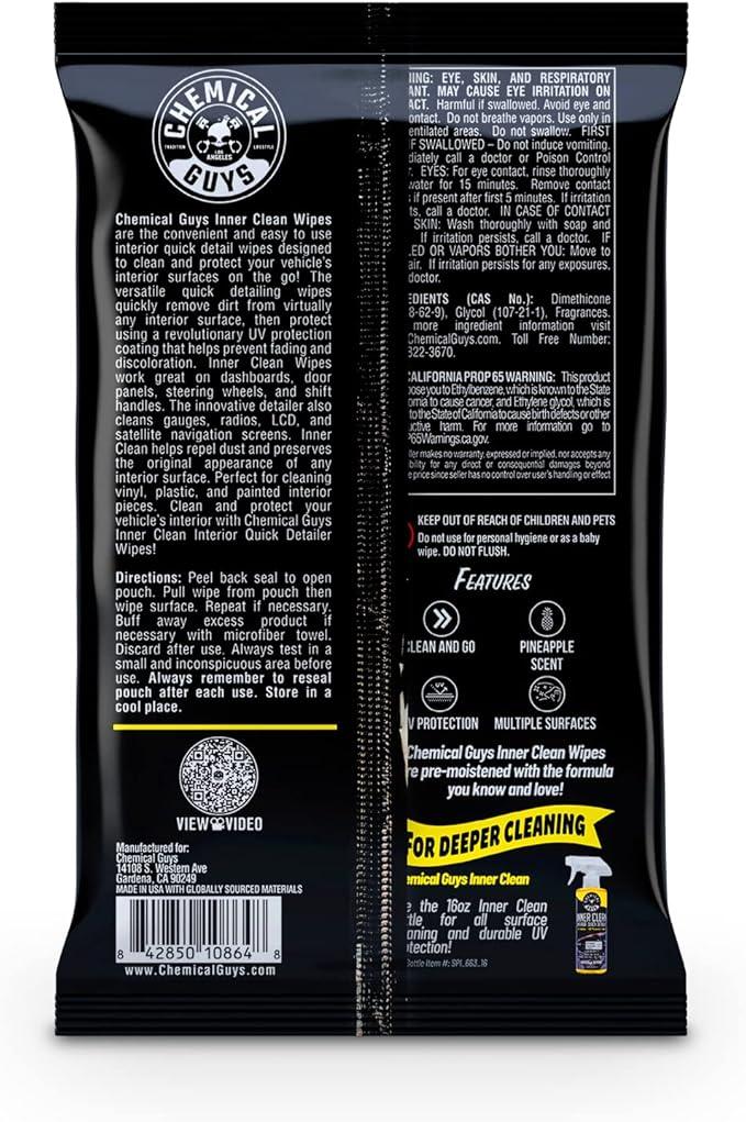 Chemical Guys InnerClean Interior Quick Detailer & Protectant Wipes – 50 Pack Multi Surface Interior Cleaner Wipes for Dashboards, Doors and Seats – Safe for Cars, Trucks, SUVs, RVs and Home Use - NeatNest