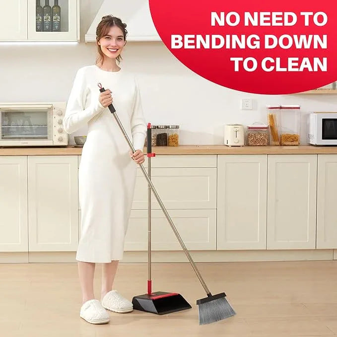 JOYMOOP Black and Red Broom and Dustpan Set, Upright Angle Design with Built-in Comb Teeth for Home, Office, Hard Floors - NeatNest