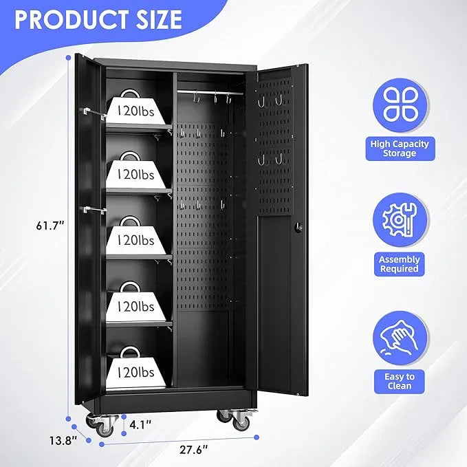 SUXXAN Broom Closet Storage Cabinet with Wheels 61.6"x 27.5"x11.7", Metal Cleaning Cabinets with Hooks and Hanging Rods, Lockable Cabinet with Pegboard, Adjustable Shelf,for Garage, Laundry Room - NeatNest