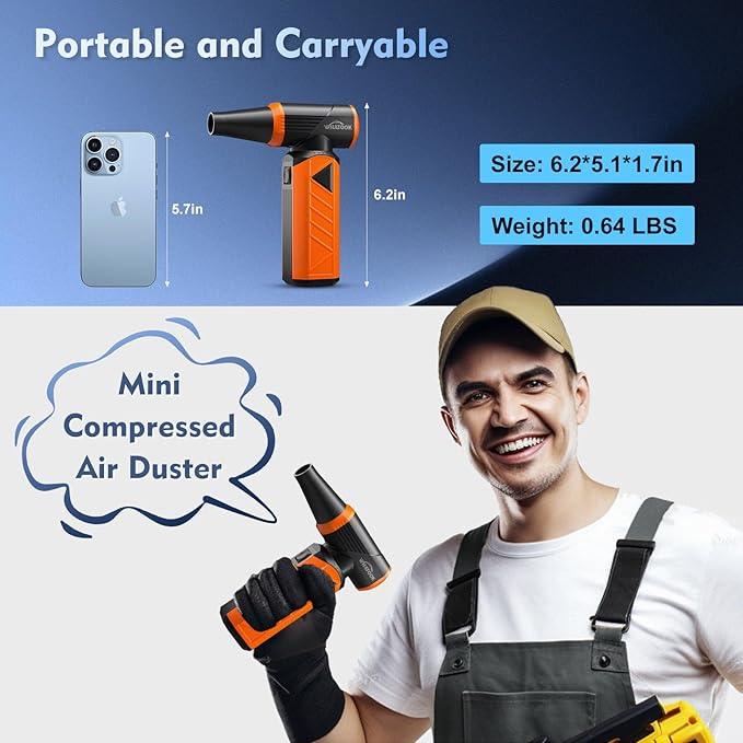 WHATOOK Updated Compressed Air Duster: Air Blower with Stepless Speed Regulation Mode, 180000RPM Electric Air Duster with Brushless Motor, Air Duster for Keyboard, PC, Car and Home Cleaning（Orange） - NeatNest