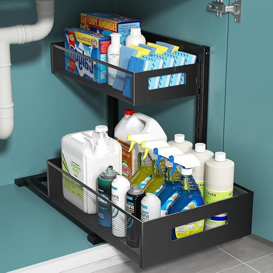 Under Sink Organizer, Metal Under Sink Organizers and Storage, Slide Out Pull Out Cabinet Organizer for Kitchen, Bathroom, Pantry, Laundry, Study, Black - NeatNest