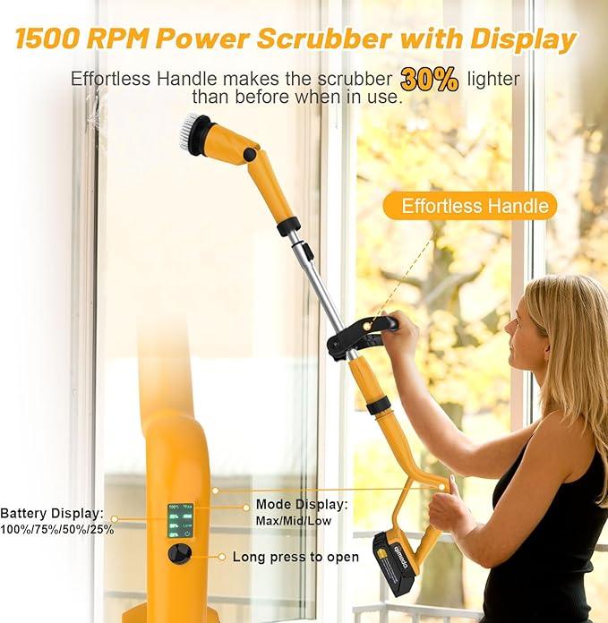 Qimedo 1500 RPM Electric Spin Scrubber with Two Batteries Q2 Pro, Cordless Battery Powered Shower Scrubber,Electric Tile Floor Scrubber with Display for Grout/Tile/Tub (Effortless Handle/8 Brushes) - NeatNest