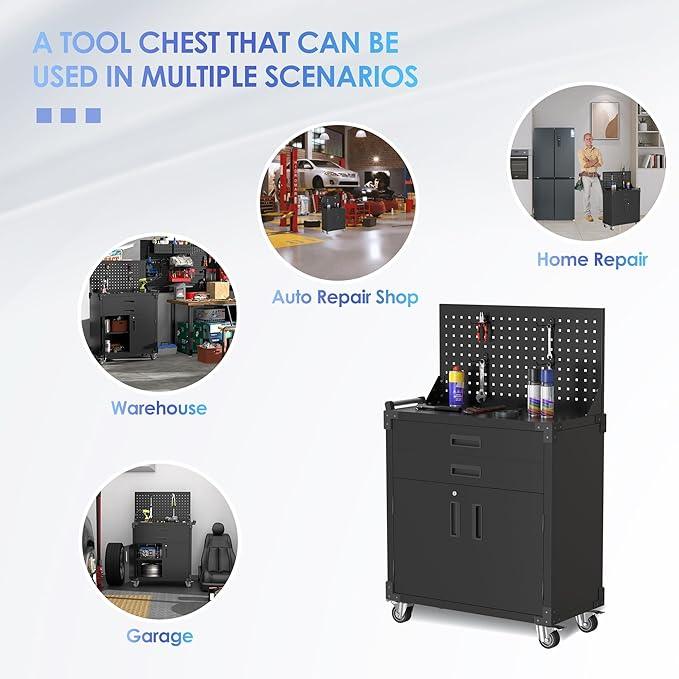 SUXXAN Black Tool Cart with Pegboard and 4 Hooks,Garage Storage Cabinet on Wheels with 2 Drawer,Industrial Service Utility Tool Cart for Mechanics, Garage, Workshop - NeatNest