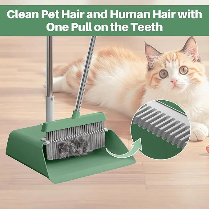 JOYMOOP Dark Teal Green Broom and Dustpan Set with 56” Handle, Upright Angle with Comb Teeth for Pet Hair and Hardwood Floors - NeatNest