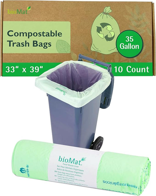 bioMat 35 Gallon Compostable Trash Bags, 10 Count, Biodegradable Kitchen Food Scrap Waste Bags, BPI ASTM D6400 and CMA Certified Tall Kitchen Compost bags for Food Waste