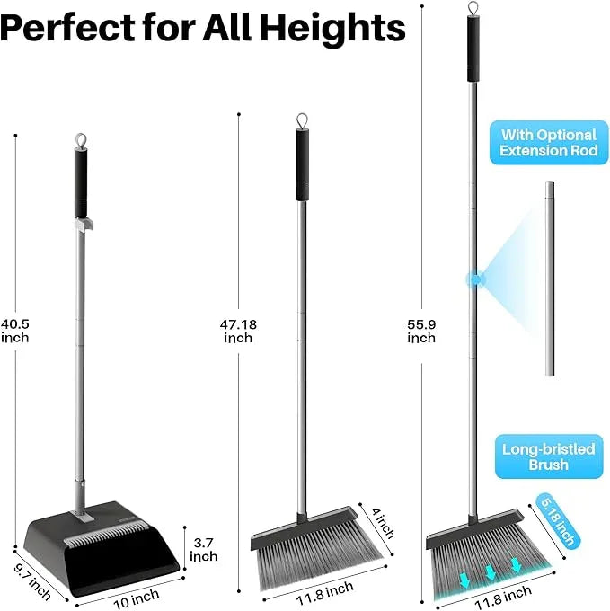 JOYMOOP Black Broom and Dustpan Set, Upright Angle Design with Built-in Comb Teeth for Home, Office, Hardwood Floors, Pet Hair - NeatNest