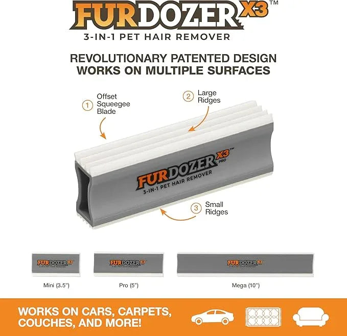 FurDozer Pet Hair Remover & Auto Detailing Tools - Cat & Dog Hair Remover for Carpets, Car Interiors, Couches, Bedding, & Pet Furniture (Gray, (3 Pack) - X6, X3 PRO, X3 MINI) - NeatNest