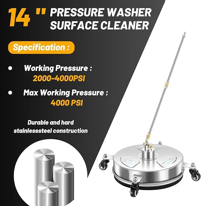 14" Pressure Washer Surface Cleaner with 4 Wheels - Stainless Steel Surface Cleaner for Pressure Washer Attachment for Concrete, Patio, Sidewalk, Deck and Driveways - PWS14 - NeatNest
