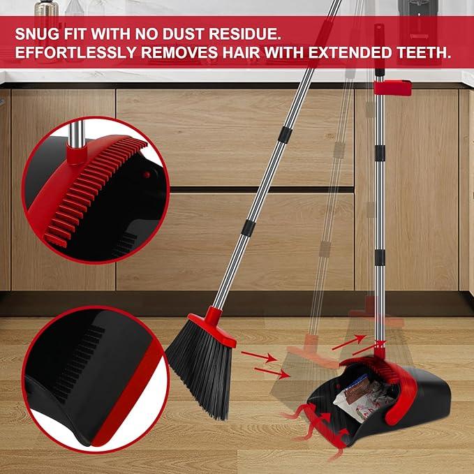 Broom and Dustpan Set, Large Household Broom with Dustpan Combo Set, 55 Inch Long Handle, Red Dust Pan Combo Set for Home - NeatNest