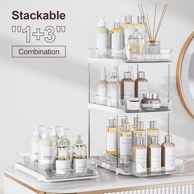 Delamu 2-Tier Multi-Purpose Bathroom Under Sink Organizers and Storage, Stackable Kitchen Pantry Organization, Pull Out Medicine Cabinet Organizer with Movable Dividers, White, 4Pack - NeatNest