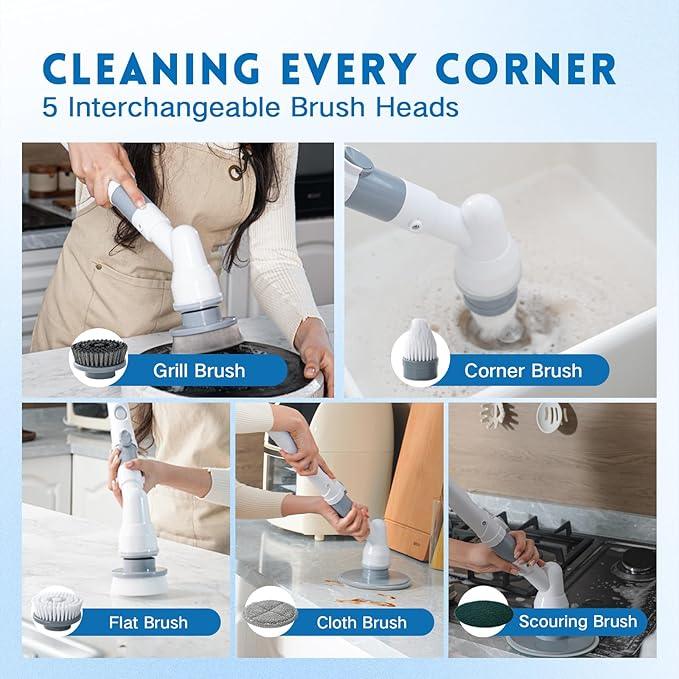 Electric Spin Scrubber,Wire Brush,Waterproof Spin Scrubber with Long Handle, Powerful Motor Cordless Cleaning Brush, Grill Cleaning Brush with Multiple Heads for Sink, Stove, Cabinets, and Kitchen - NeatNest