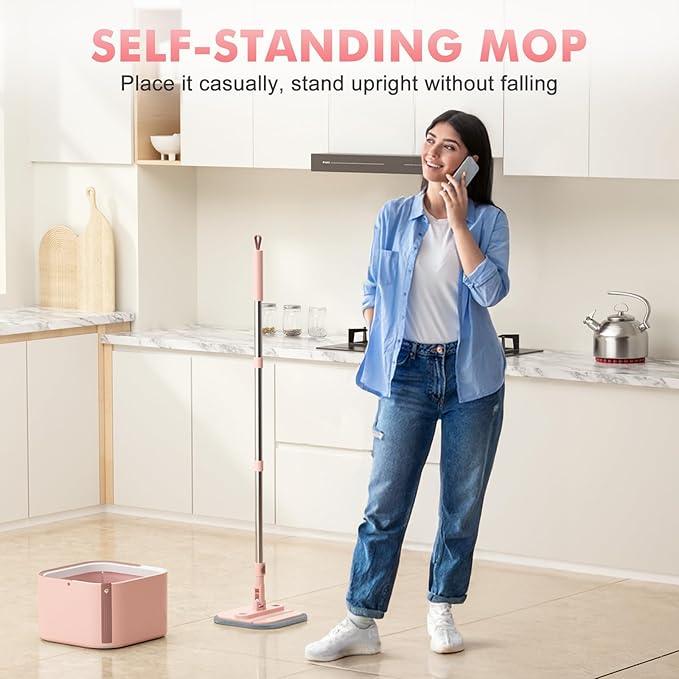 Upgraded Spin Mop and Bucket Set Self-Standing Mop Bucket Separate Dirty and Clean Water System Self Wringing 360° Rotating 90° Foldabl Mops and Buckets for Floor Cleaning (Pink, 6Pads) - NeatNest