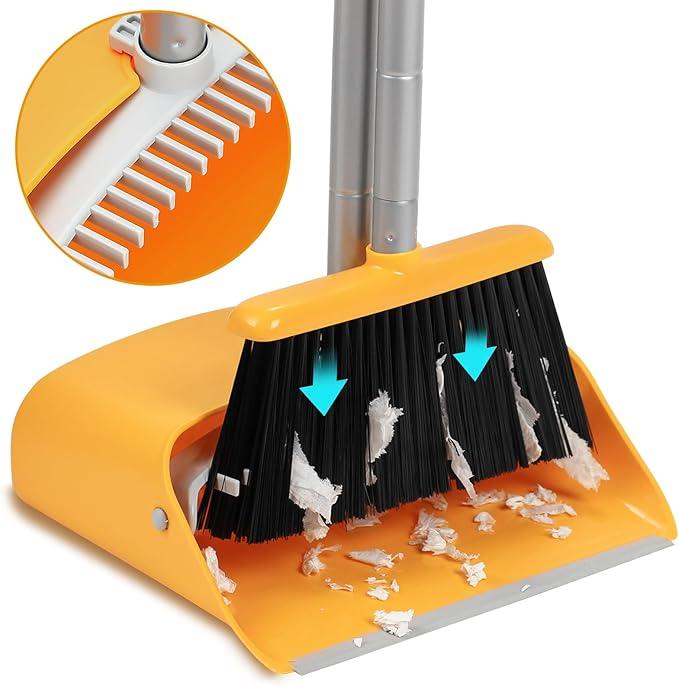 Broom and Dustpan Set with Long Handle 52", Standing Broom and Dust Pan Set for Home Kitchen Room Office Lobby Yellow - NeatNest