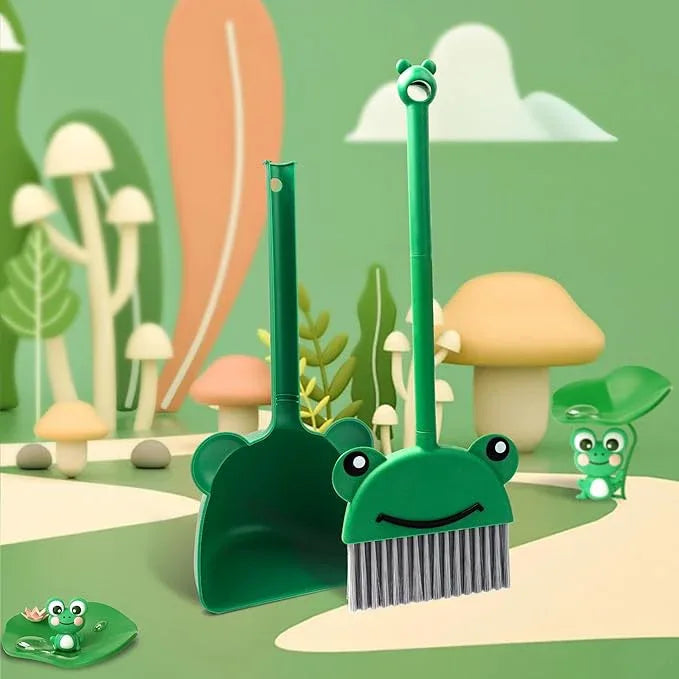 Children's Small Broom Dustpan Set Green Frog Mini Household Cleaning and Pretend Play Set - NeatNest
