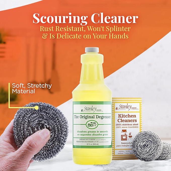 Stanley Home Products Original Degreaser with Stainless Steel Kitchen Scouring Cleaners - Multipurpose Cleaner Set Removes Grease Stains and Build Up on Pots Pans Grills and More - NeatNest
