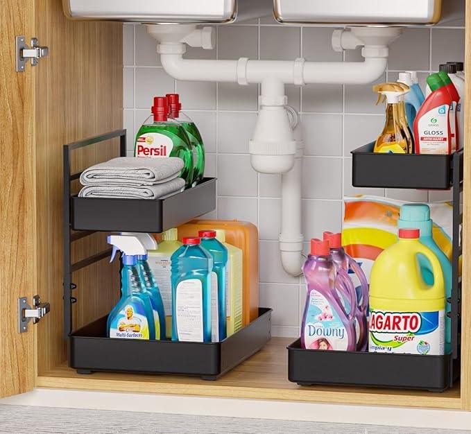 EVERIE Height Adjustable 2 Tier Metal Pull Out Slide Shelf Organizer for Under Sink Cabinets in Kitchen, Bathroom, with Snap-on Top Tray, 16" Deep (Black, 2 Sets) - NeatNest