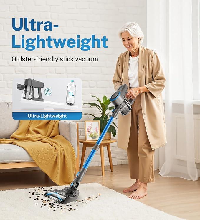 DEVOAC N300 Cordless Vacuum Cleaner, 6 in 1 Lightweight Stick Vacuum, 2200mAh Battery Up to 40mins Runtime, Powerful Handheld Vacuum for Hard Floor Rug Pet Hair Home Dorm (Blue) - NeatNest