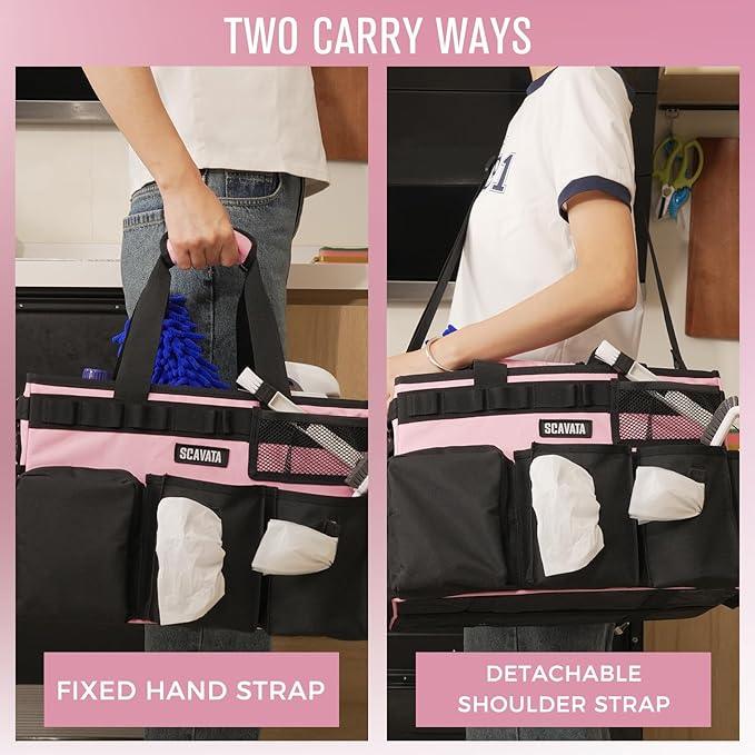 Wearable Cleaning Caddy Bag, Cleaning Caddy Supplies Organizer with Handle & Shoulder Straps for Housekeepers, Under Sink & Car Cleaning Tool Organizers with 4 Foldable Divider (SweetPink) - NeatNest