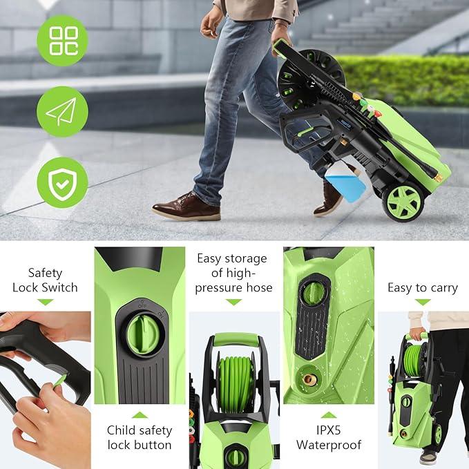 5000PSI Pressure Cleaner,Power Cleaner with Foam Cannon,4 Nozzles,33FT Hose and 500ml Soap Bottle for Home/Cars/Driveways/Patios/Fences,Green - NeatNest