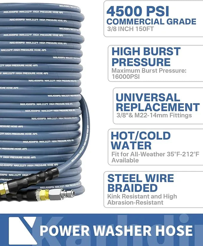 Pressure Washer Hose 150FT 3/8" for Cold and Hot Water 212°F, with Swivel Quick Connect, 4500PSI Kink Resistant Grade Steel Wire Braided, Power Washer Hose With 2pcs M22-14mm Adapter - NeatNest