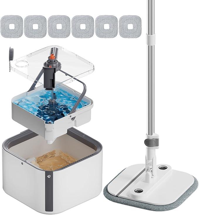 Upgraded Self-Standing Spin Mop and Bucket System, Detachable Inner Mop Bucket That Separates Dirty Water & 90° Foldable Head, Triple-Scrubbing System, for Hardwood Floors - White with 6 Pads - NeatNest