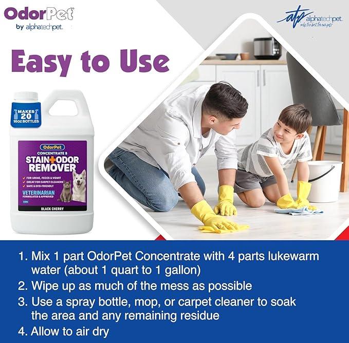 OdorPet Pet Stain Remover and Odor Eliminator - 64 Oz (Makes 2.55 Gallons of Working Solution) Non Staining, Professional Strength, Black Cherry Scent by Alpha Tech Pet - NeatNest
