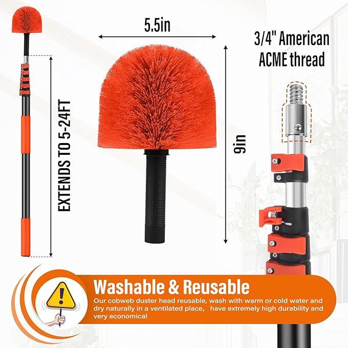 30FT Reach Cobweb Duster with Extension Pole,Spider Web Brush for Cleaning with 5-24FT Telescoping Pole,5-Stage Lightweight & Sturdy Telescopic Web Cobweb Duster Pole for Outdoor Indoor Use - NeatNest