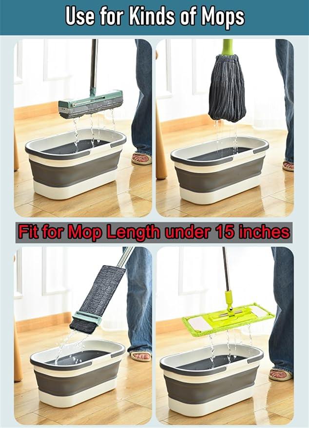 Collapsible Mop Bucket Basin Tub with Handle and Wheels, 12L (3.2 Gallon) Foldable Small Plastic Container for Household Cleaning, Car Washing, Portable Basket Bin Tool for Storage Organizer, Grey - NeatNest