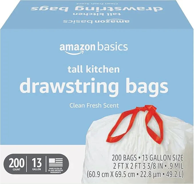 Amazon Basics Scented Trash Bags, Tall Kitchen Drawstring, Clean Fresh Scent, 13 Gallon, 200 Count, Pack of 1 - NeatNest