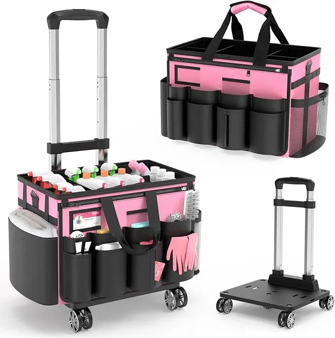 Cleaning Caddy with Wheels - Rolling Cleaning Caddy Bag with Detachable Trolley, Cleaning Caddy for Cleaning Supplies, Cleaning Bag for Housekeeping, Pink - NeatNest