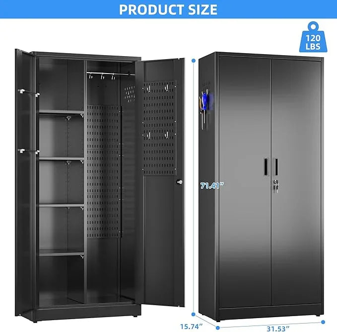 SUXXAN Broom Closet Storage Cabinet 71.4"x 31.5"x15.7", Metal Cleaning Cabinets with Hooks and Hanging Rods, Lockable Cabinet with Pegboard, Adjustable Shelf,for Garage, Laundry Room - NeatNest