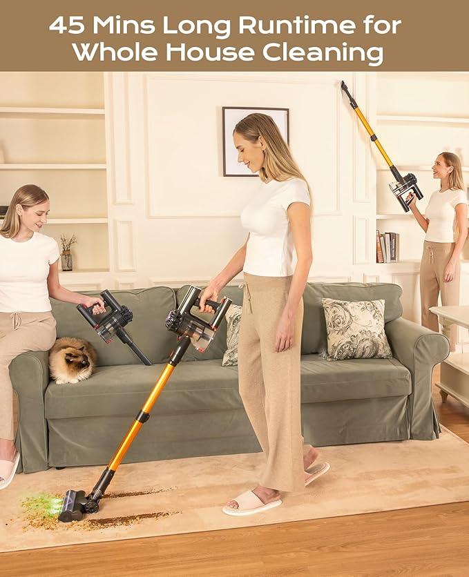 Cordless Vacuum Cleaner, 450W 40KPA Vacuum Cleaners for Home, 45Mins Lightweight Stick Vacuum with Advanced Green Light Tech, Rechargeable Battery Vacuum for Carpet,Pet Hair,Hardwood Floor - NeatNest