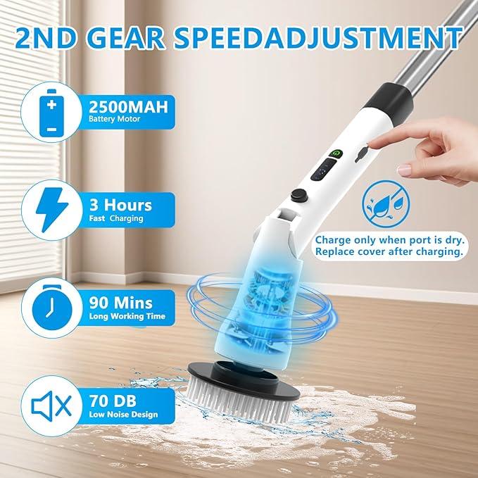 Electric Spin Scrubber, Hillyfe Bathroom Scrubber Electric with 7 Replaceable Brush Heads, IPX7 Waterproof,300/400 RPM, 3 Adjustable Length,Scrubber Brush Electric for Bathtub Floor,White - NeatNest