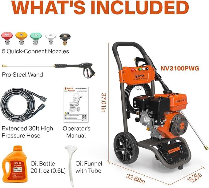 NOVUS Gas Pressure Washer, 3100 PSI 2.5 GPM Power Washer, 30FT Hose, 5 Nozzles, Onboard Soap Tank, Steel Spray Wand, Portable Gas Powered Pressure Washer for Vehicles Driveways Patios Fences Furniture - NeatNest