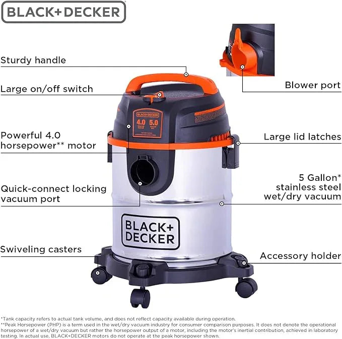 BLACK+DECKER Shop Vacuum Wet and Dry, 5 Gallon 3-in-1 Stainless Steel Shop Vac with Accessories, 4 HP Vacuum Cleaner, for Workshop, Home, Garage and Pet, BDXV18143 - NeatNest