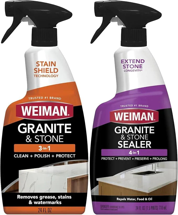 Weiman Complete Countertop Clean & Protect Kit - For Granite, Marble, Quartz & Stone - Granite & Stone Cleaner and Polish - 24 oz, Granite & Stone Sealer -24 oz - NeatNest