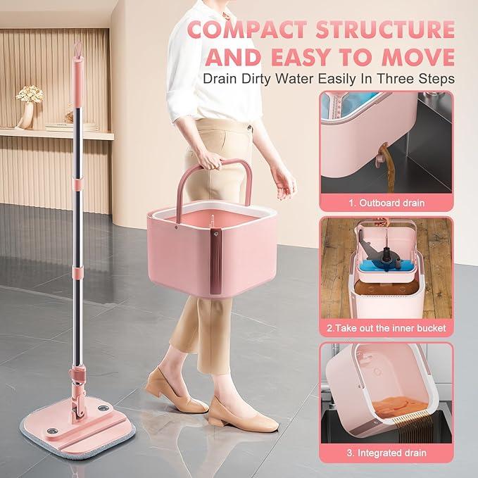 Upgraded Spin Mop and Bucket Set Self-Standing Mop Bucket Separate Dirty and Clean Water System Self Wringing 360° Rotating 90° Foldabl Mops and Buckets for Floor Cleaning (Pink, 6Pads) - NeatNest