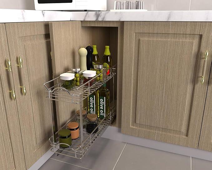 OCG Slide Out Cabinet Organizer for Narrow Cabinet (9" W X 17" D), 2 Tier Pull Out Shelves Slim Sliding Cabinet Organizer and Storage, Chrome - NeatNest