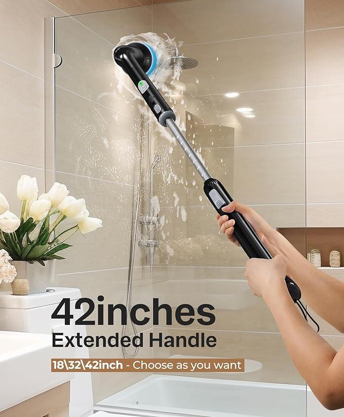 LyriFine Electric Spin Scrubber, New Full-Body IPX7 Waterproof Bathroom Cleaner Brush, Shower Scrubber with Long Handle & 2 Speed, Heads Replacement, Cleaning Supplies for Tub Shower Tile Floor - NeatNest