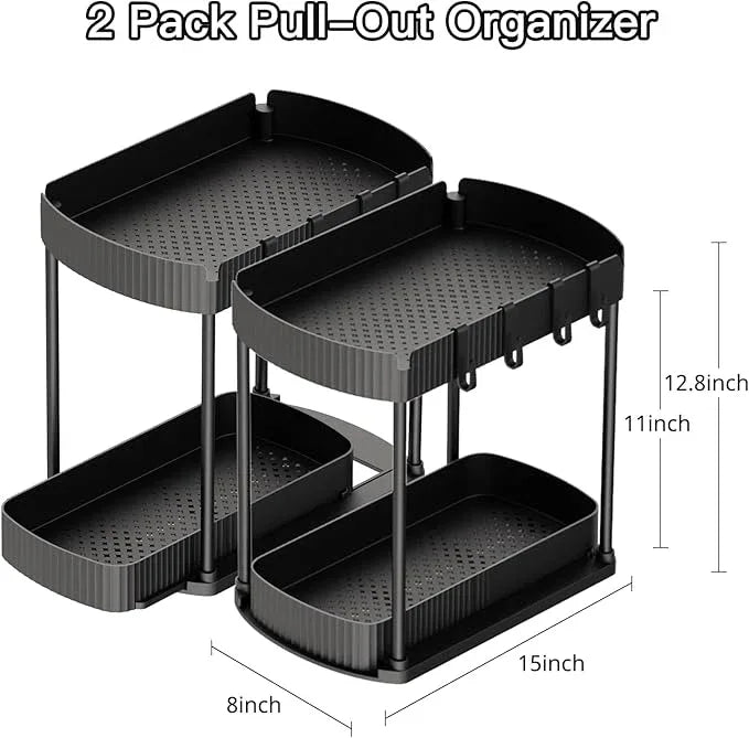 Multi-Purpose Pull-Out Storage Organizers, Under Sink/Cabinet Organizers and Storage for Bathroom & Kitchen, Black, 12.8 Inches, 2 Packs - NeatNest