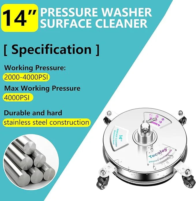 14" Pressure Washer Surface Cleaner with 4 Wheels-Stainless Steel Power Washer Accessories for Concrete Driveways Sidewalks Patios Cleaning (14 INCH Silver) - NeatNest