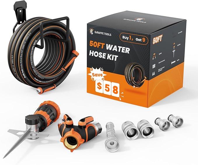 Giraffe Tools Garden Hose 50ft x 5/8", Water Hose Heavy Duty, Flexible with Hose Splitter, Nozzle and Yard Sprinkler, Lightweight Hybrid Hose with Swivel Handle, Male to Female Fittings, Burst 600 PSI - NeatNest