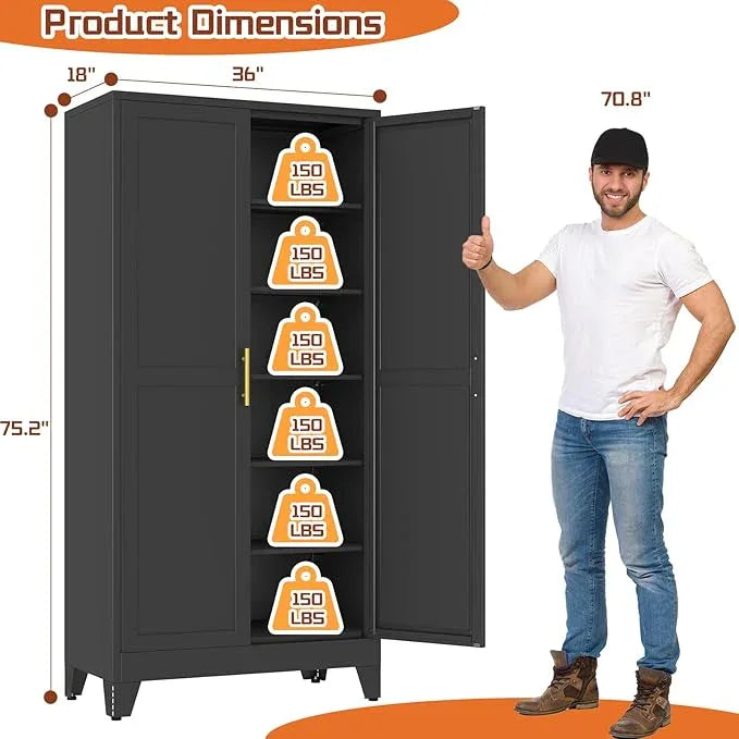 Black Metal Storage Cabinet,75" Steel Cabinets for Home Office, Kitchen Pantry Storage Cabinet with Doors and 5 Adjustable Shelves, Tool Cabinets, for Office, Home, Garage, School, 36W - NeatNest