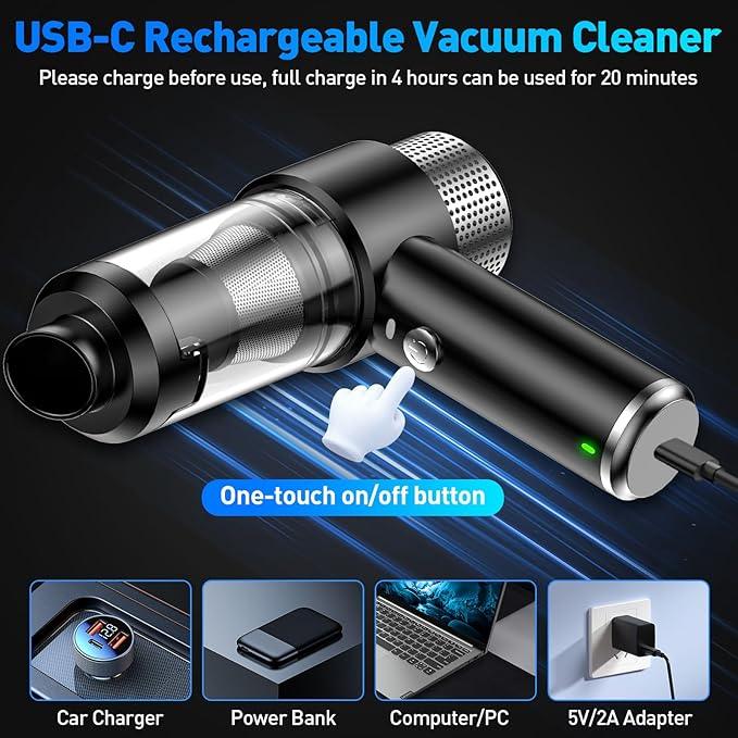 Mini Vacuum Cleaner, 16000PA Car Vacuum Cleaner Portable Cordless with LED Light, 4 in 1 Air Duster and Handheld Small Vacuum Rechargeable for Car, Home, Office, Pet（Black） - NeatNest