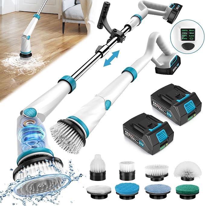 1500RPM Electric Spin Scrubber, 8 Brush Heads Electric Scrubber for Cleaning, Shower Scrubber with Long Handle and Two Battery, High Power Scrubber with Display for Bathroom/Tub/Floor - NeatNest