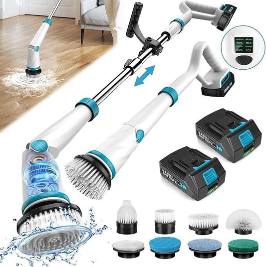 1500RPM Electric Spin Scrubber, 8 Brush Heads Electric Scrubber for Cleaning, Shower Scrubber with Long Handle and Two Battery, High Power Scrubber with Display for Bathroom/Tub/Floor - NeatNest