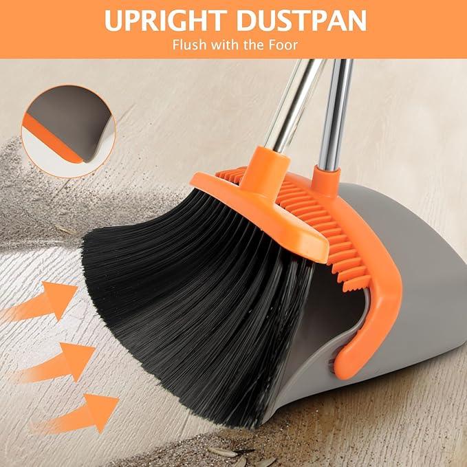 2-Pack Broom and Dustpan Set with Long Handle, Heavy Dust Broom and Dustpan Combo for Home，Kitchen, Office, Pet Hair(Gray Orange) - NeatNest