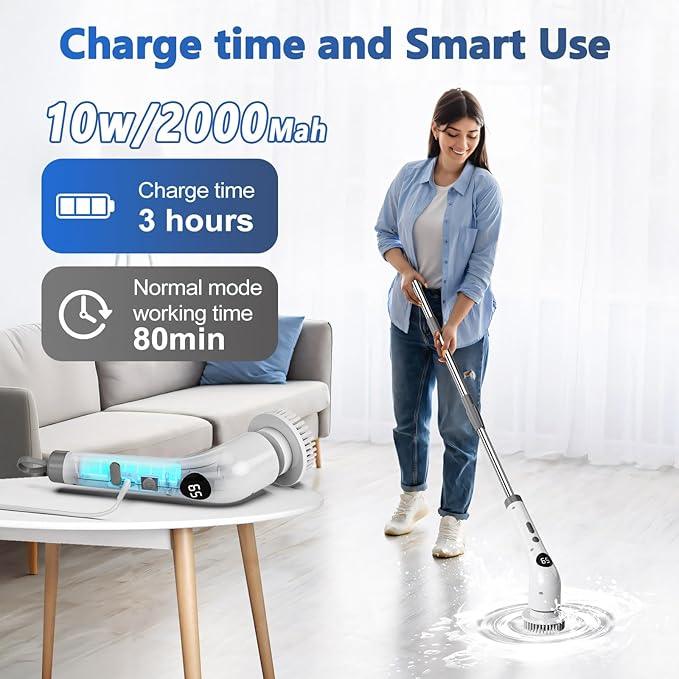 Qimedo Handheld Spin Scrubber with Extended Long Handle, Rechargeable Electric Scrubber for Cleaning, Cordless Power Dish Scrubber with 6 Brushes for Bathtub Grout Tile Floor - NeatNest
